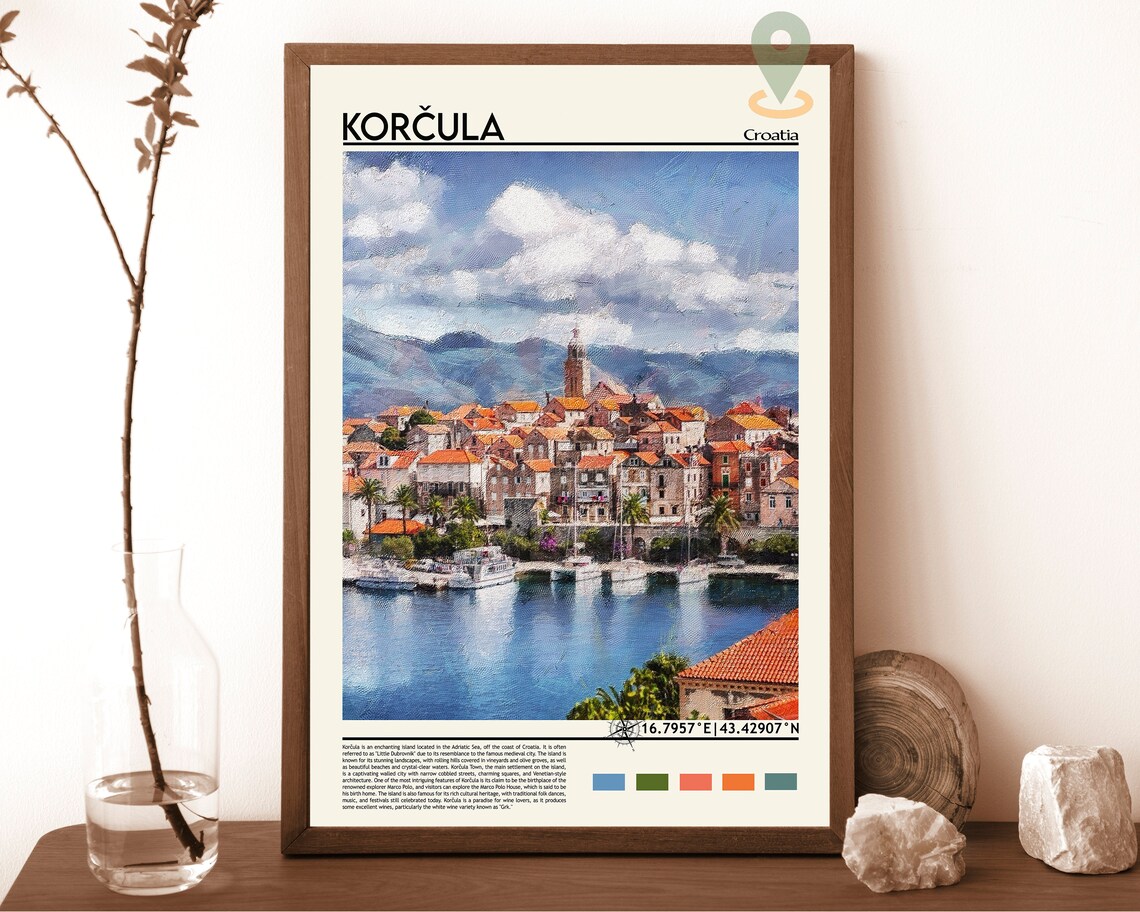 Korcula Croatia Old Town Waterfront Painting Travel Poster Home Decor