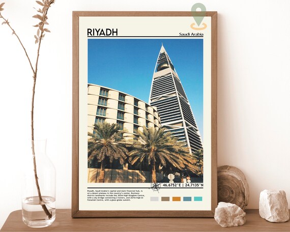 Riyadh Saudi Arabia Al Faisaliah Tower Palms Skyline Travel Poster