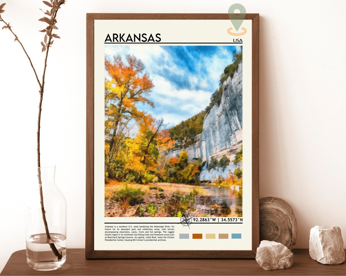 Arkansas USA Autumn Forest River Bluffs Scenic Travel Poster