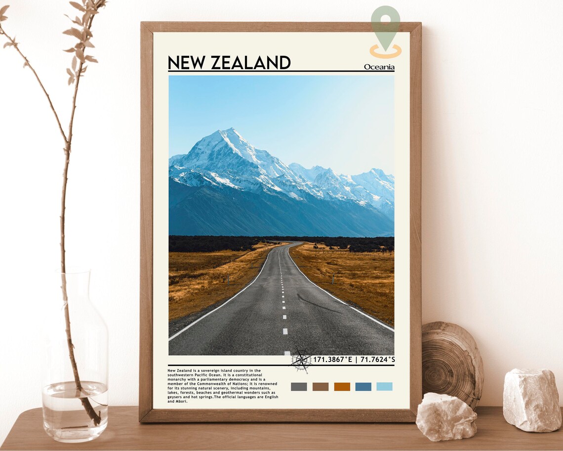 New Zealand South Island Alpine Road Snow Mountain Travel Poster