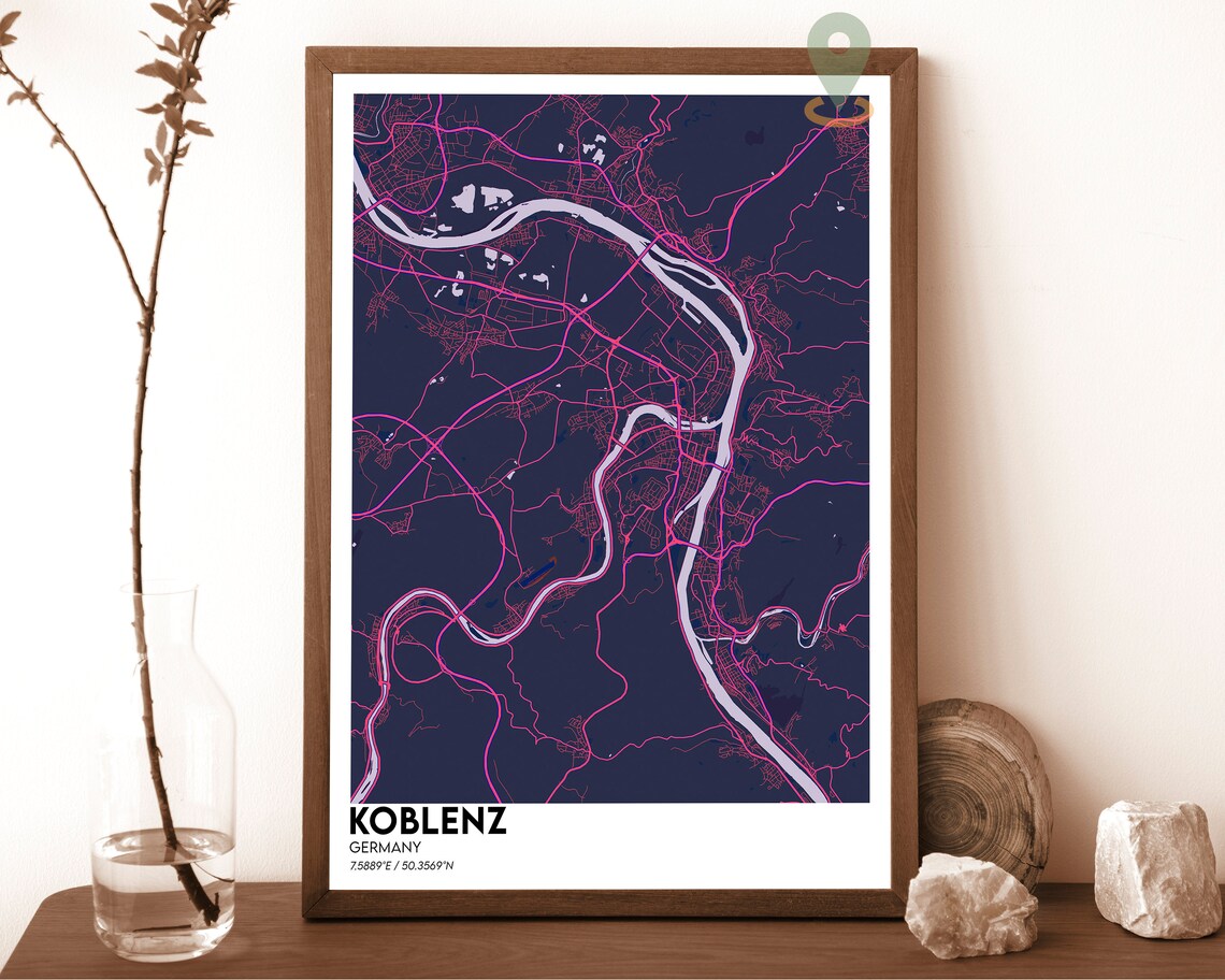 Koblenz Germany City Street Map Minimalist Urban Navy Yellow Art Poster - Image 2