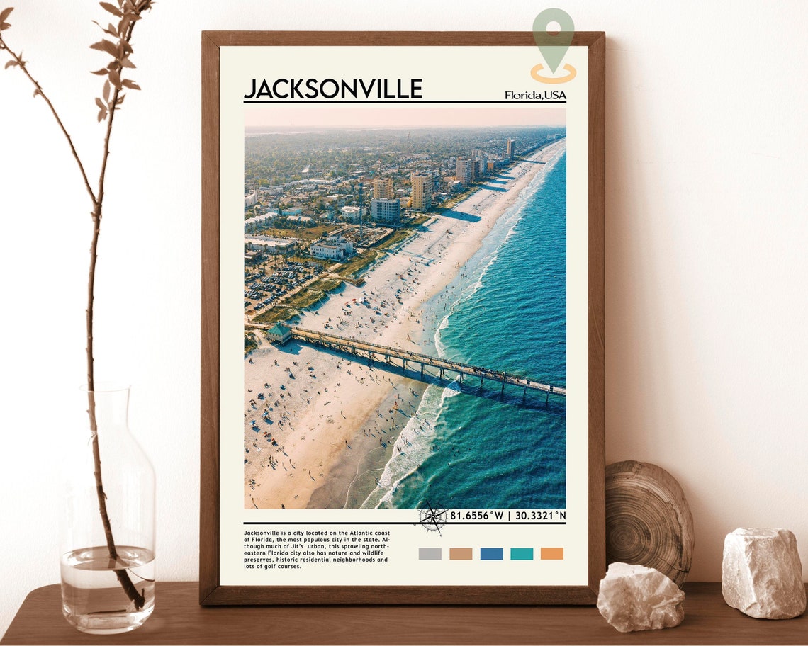 Jacksonville Florida Beach Coastline Aerial Ocean Pier Poster