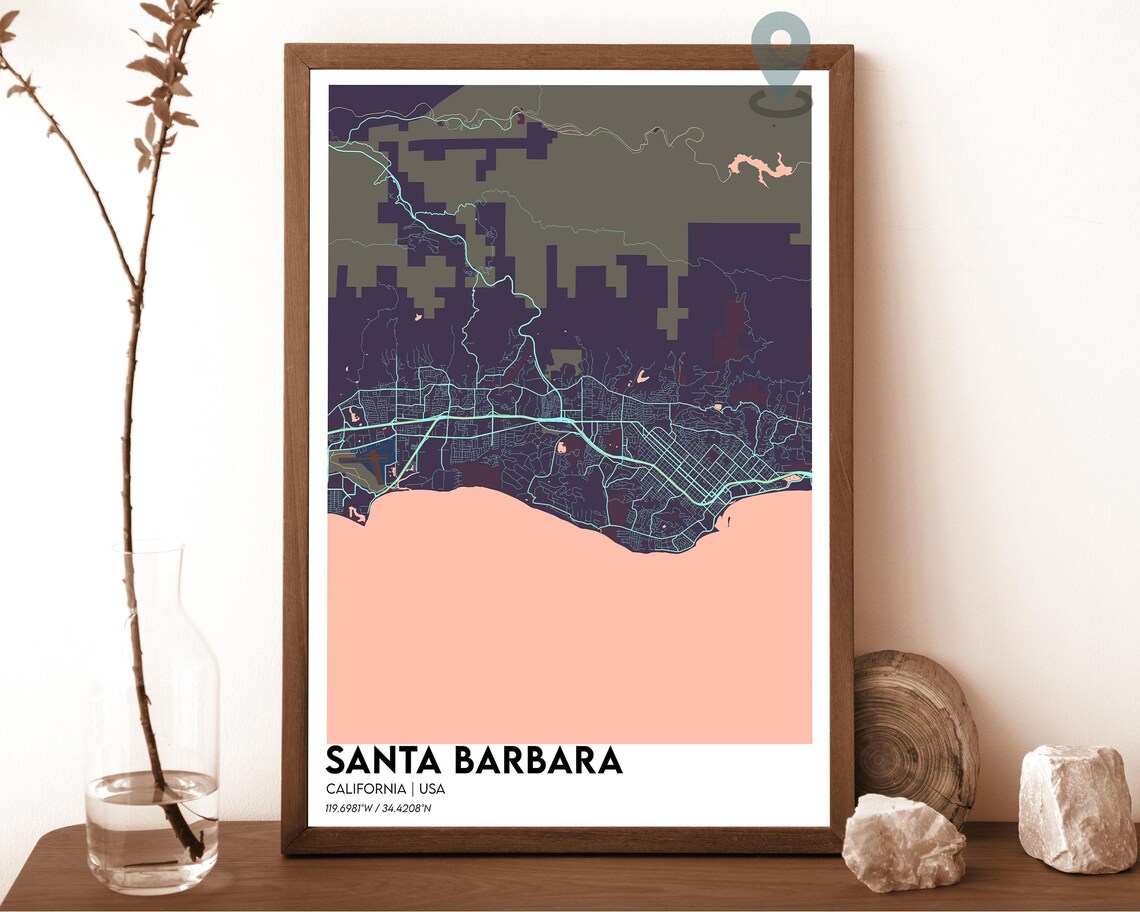 Santa Barbara California Navy Mustard City Map Home Decor Poster - Image 3