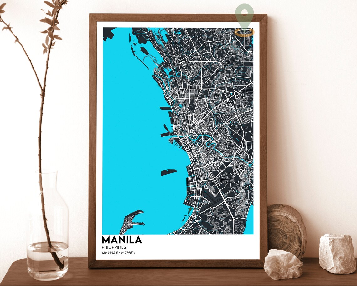 Manila Philippines City Street Map Cyan Bold Modern Art Poster