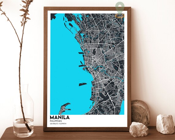 Manila Philippines City Street Map Cyan Bold Modern Art Poster