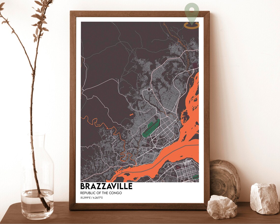 Brazzaville Republic of the Congo Dark Aqua City Map Design Poster - Image 3