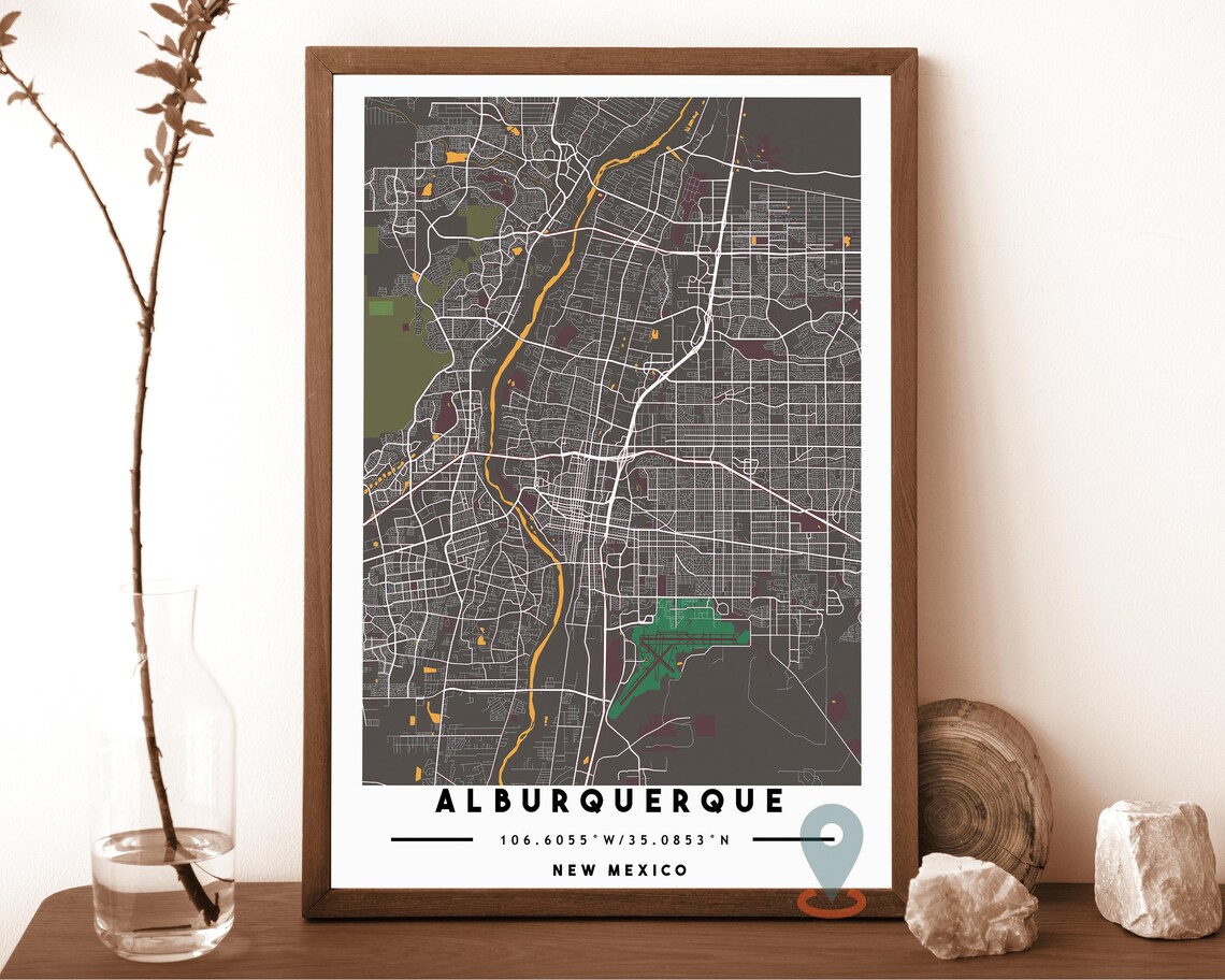 Albuquerque New Mexico navy with a gold river Street Map Coordinates Poster - Image 4