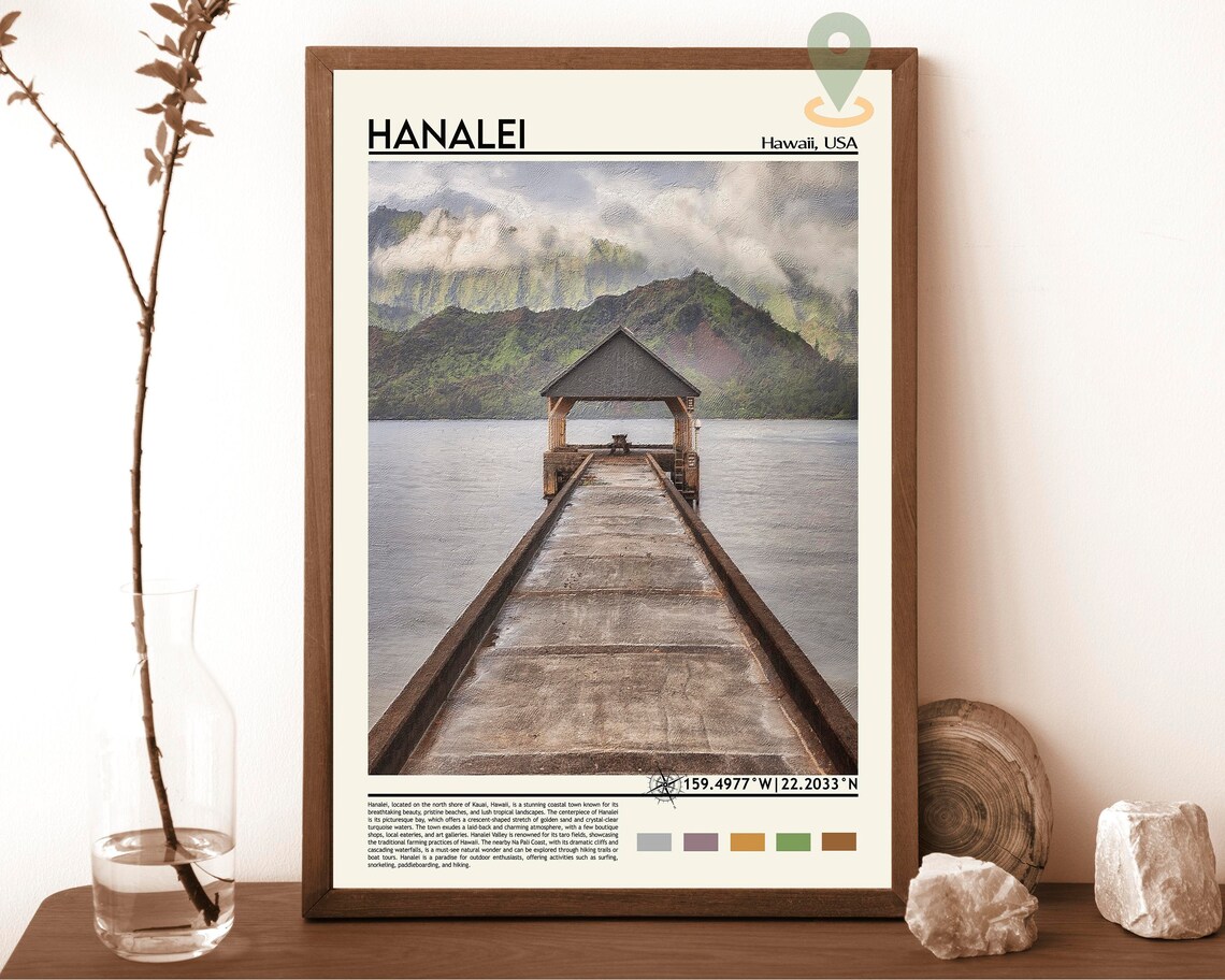 Hanalei Hawaii Kauai Pier Mountains Misty Coastal Travel Poster