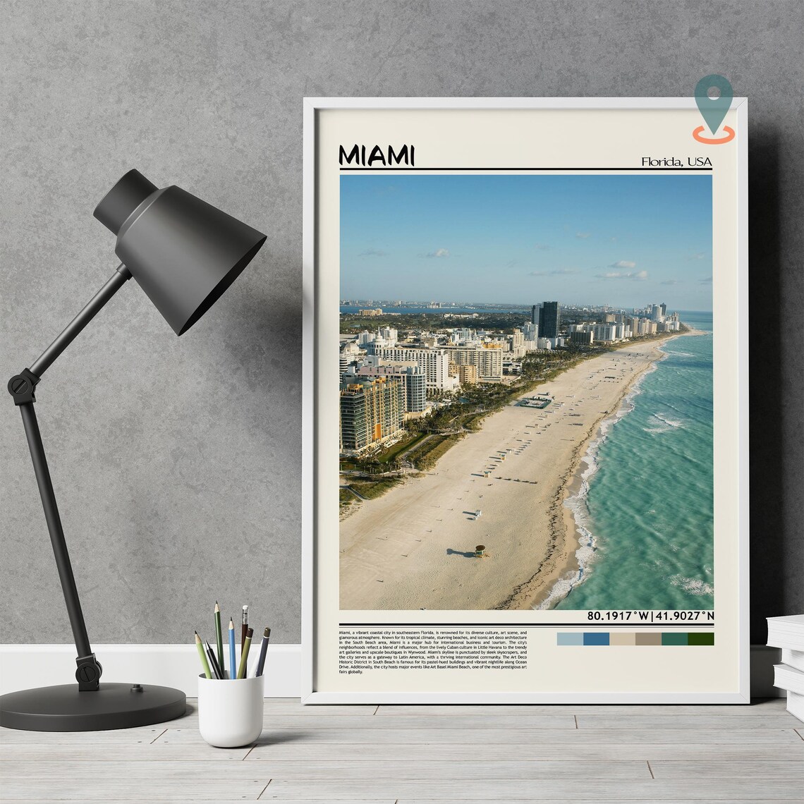 Miami Florida Beach Aerial Skyline Turquoise Ocean Travel Poster - Image 2