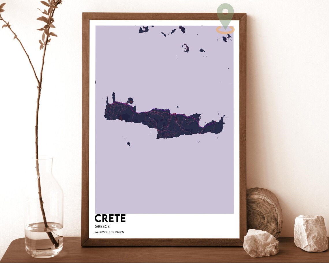 Crete Greece Minimalist Island Map Art Cyan Dark Modern Wall Decor Poster - Image 3