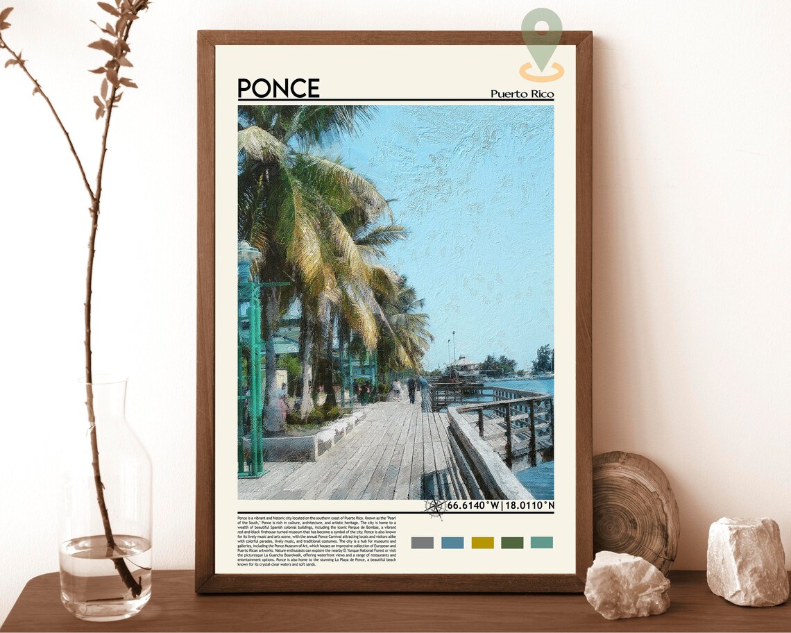 Ponce Puerto Rico Tropical Boardwalk Palm Trees Travel Poster