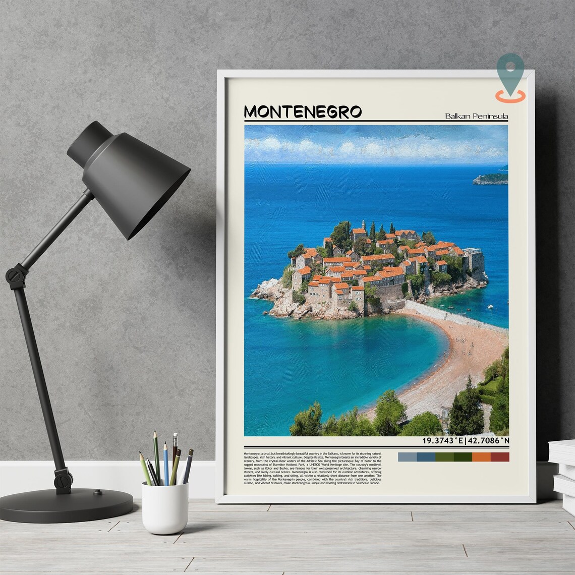 Montenegro Balkan Coast Red Roof Island Village Travel Poster - Image 3