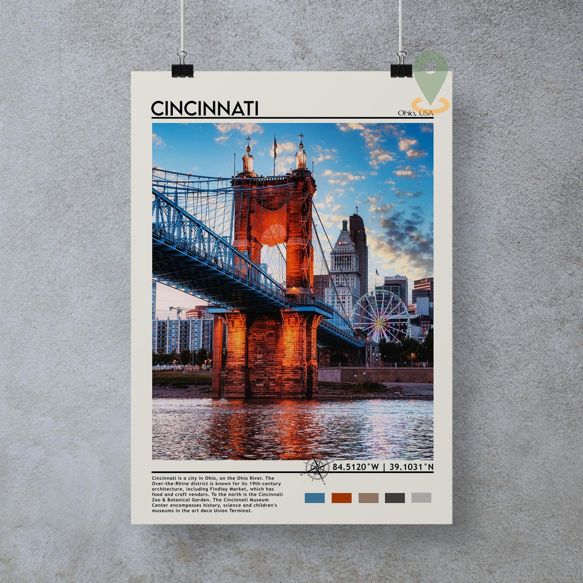 Cincinnati Ohio Roebling Suspension Bridge Sunset River Poster - Image 3