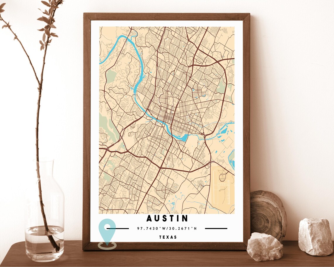 Austin Texas warm beige with a blue river Street Map Coordinates Poster