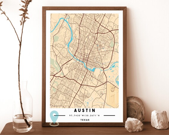 Austin Texas warm beige with a blue river Street Map Coordinates Poster