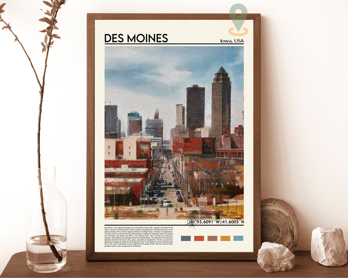 Des Moines Iowa Downtown Skyline Vintage Cityscape Photo Poster