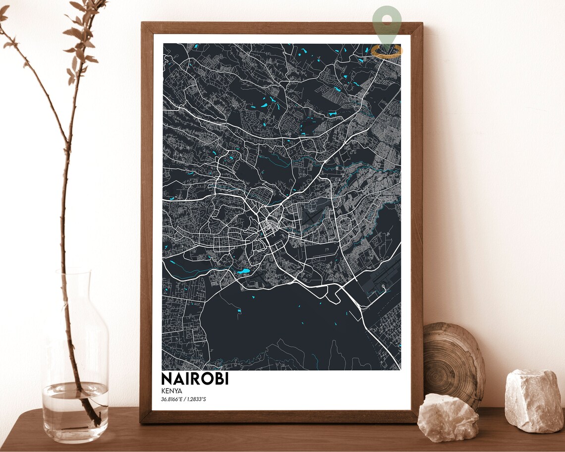 Nairobi Kenya Modern Midnight Blue Neon Street Map Art Poster - Image 2