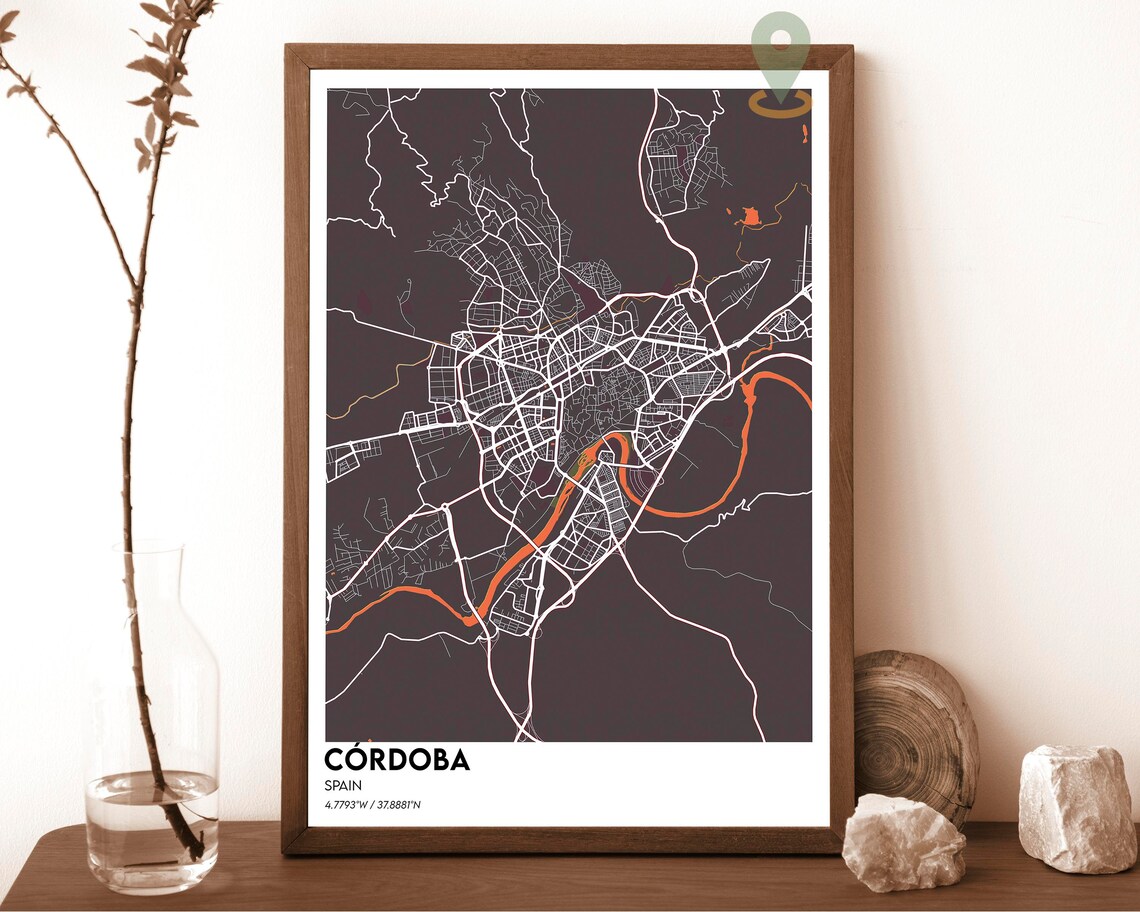 Cordoba Spain Andalusia Dark Orange River City Map Art Poster