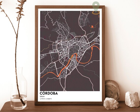 Cordoba Spain Andalusia Dark Orange River City Map Art Poster