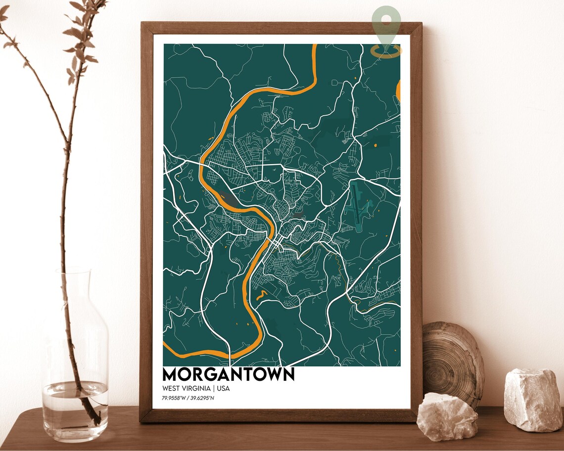 Morgantown West Virginia navy with a yellow river Street Map Coordinates Poster - Image 5