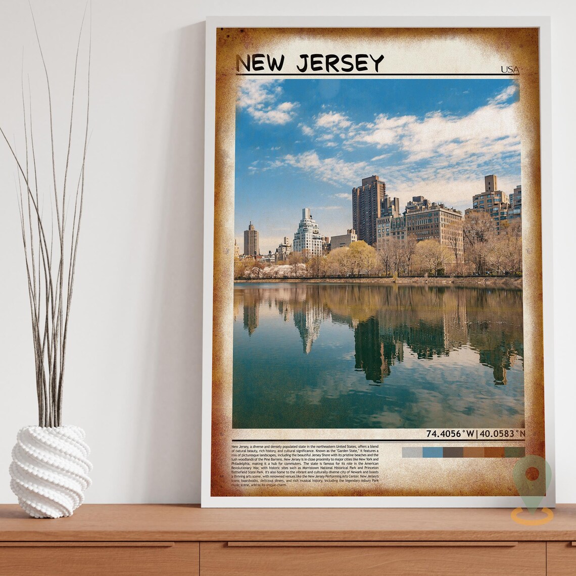 New Jersey USA Lakeside City Skyline Mirror Reflection Poster - Image 3
