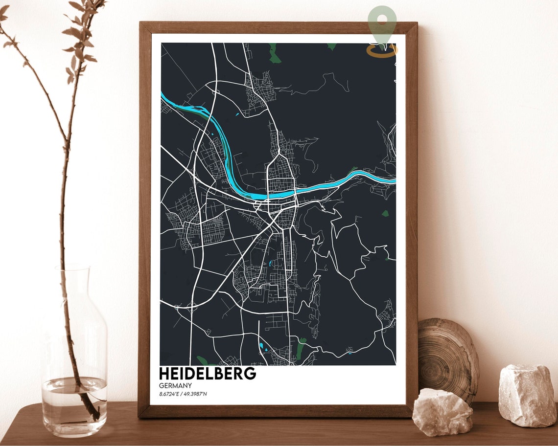 Heidelberg Germany Dark Blue Neckar River Night City Map Poster