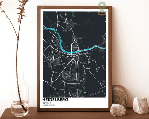 Heidelberg Germany Dark Blue Neckar River Night City Map Poster