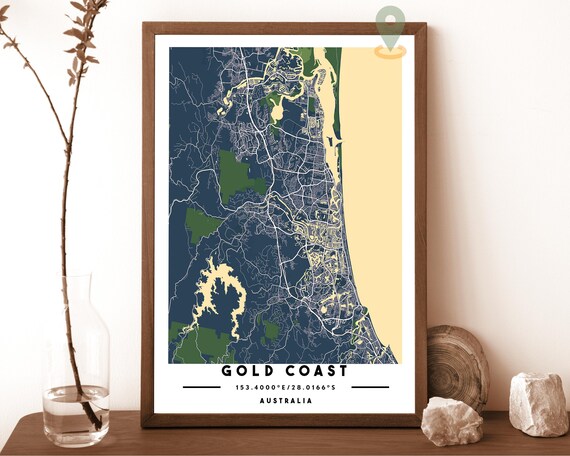 Gold Coast Australia Navy Gold Street Map Surf Coast Art Poster