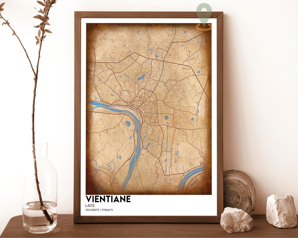 Vientiane Laos City Map Green Golden Mekong River Street Poster - Image 6