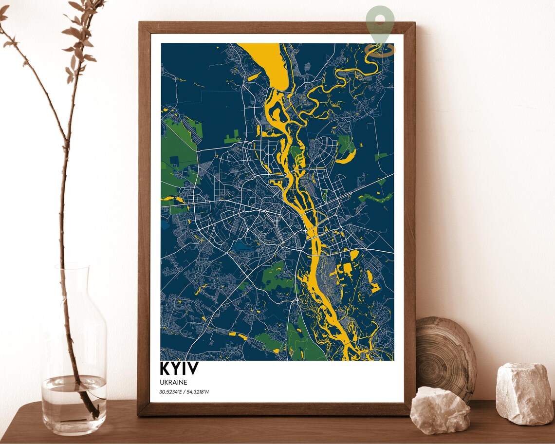 Kyiv Ukraine Dark Dnipro River Cyan Minimalist City Map Poster - Image 2
