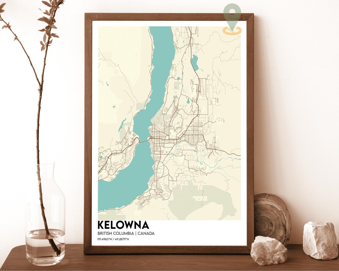 Kelowna British Columbia Cream Lakeside Minimalist City Map Poster