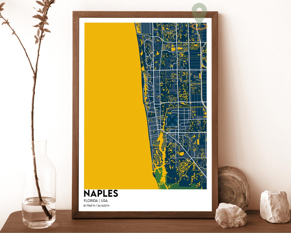 Naples Florida Striking Cream Teal Coastal City Map Art Poster - Image 6