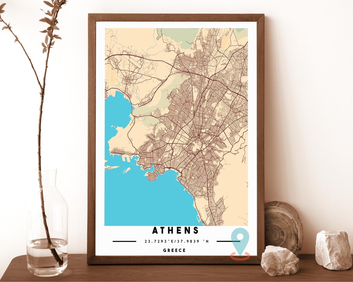 Athens Greece grey with pink water Street Map Coordinates Poster - Image 2