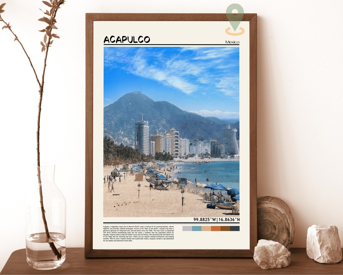 Acapulco Mexico Beach City Skyline Bay Oil Painting Travel Poster