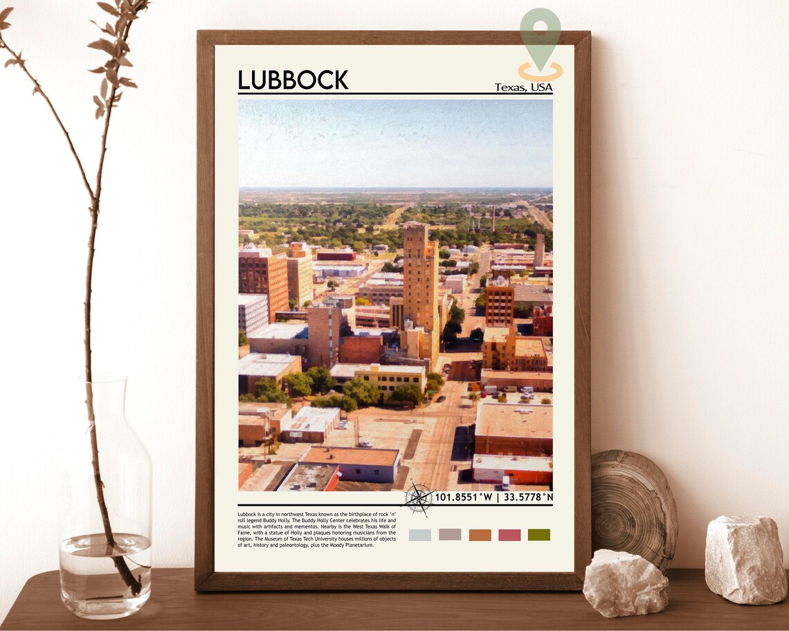 Lubbock Texas USA Downtown Aerial Skyline View Watercolor Poster