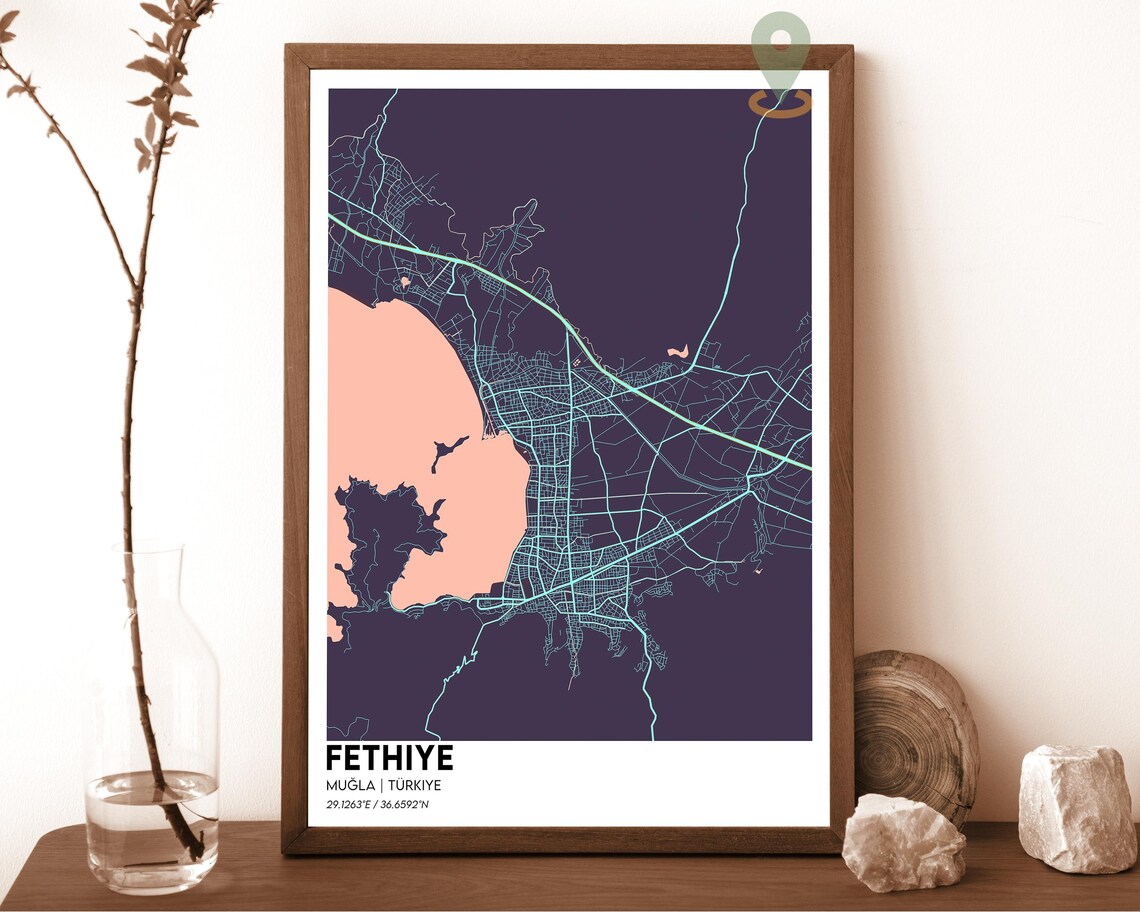Fethiye Mugla Turkiye Sleek Dark Coast City Map Elegant Street Poster