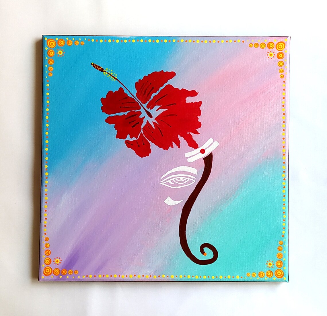 Lord Ganesha Red Hibiscus Flower Blue Pink Spiritual Painting Print