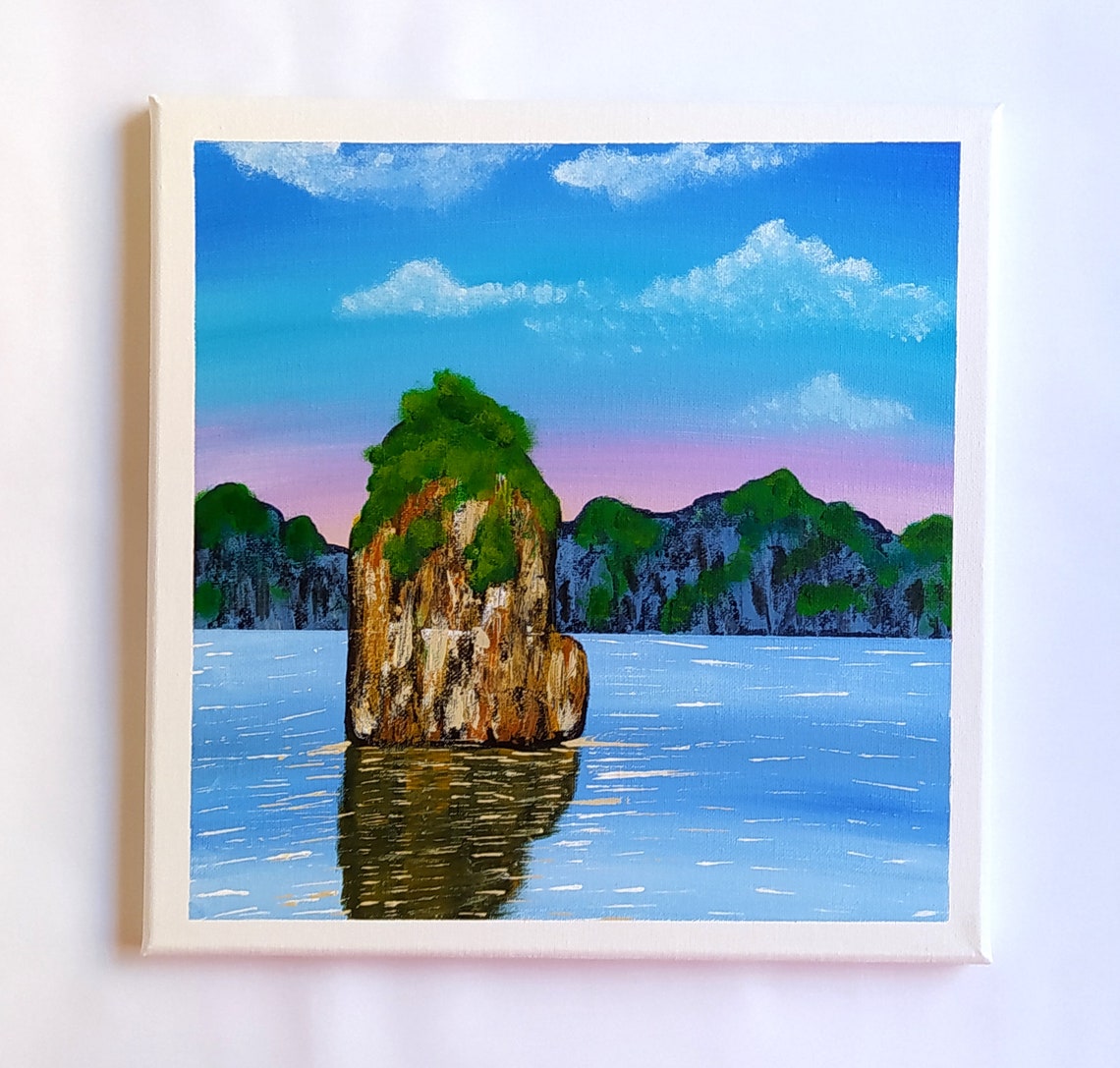 Rocky Island Seascape Green Cliffs Calm Blue Ocean Painting Print