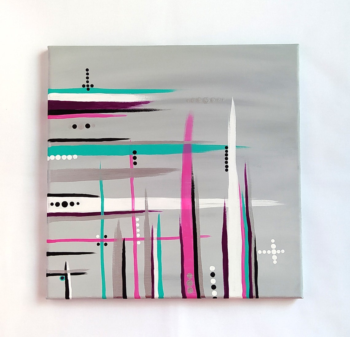 Gray Diamond Abstract Teal Pink White Lines Modern Geometric Wall Art - Image 3