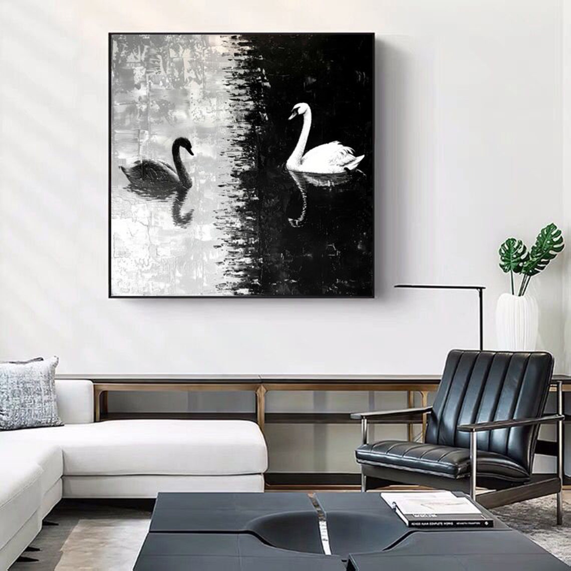 Black and White Swans Gliding on a Moonlit Lake Square Poster - Image 3