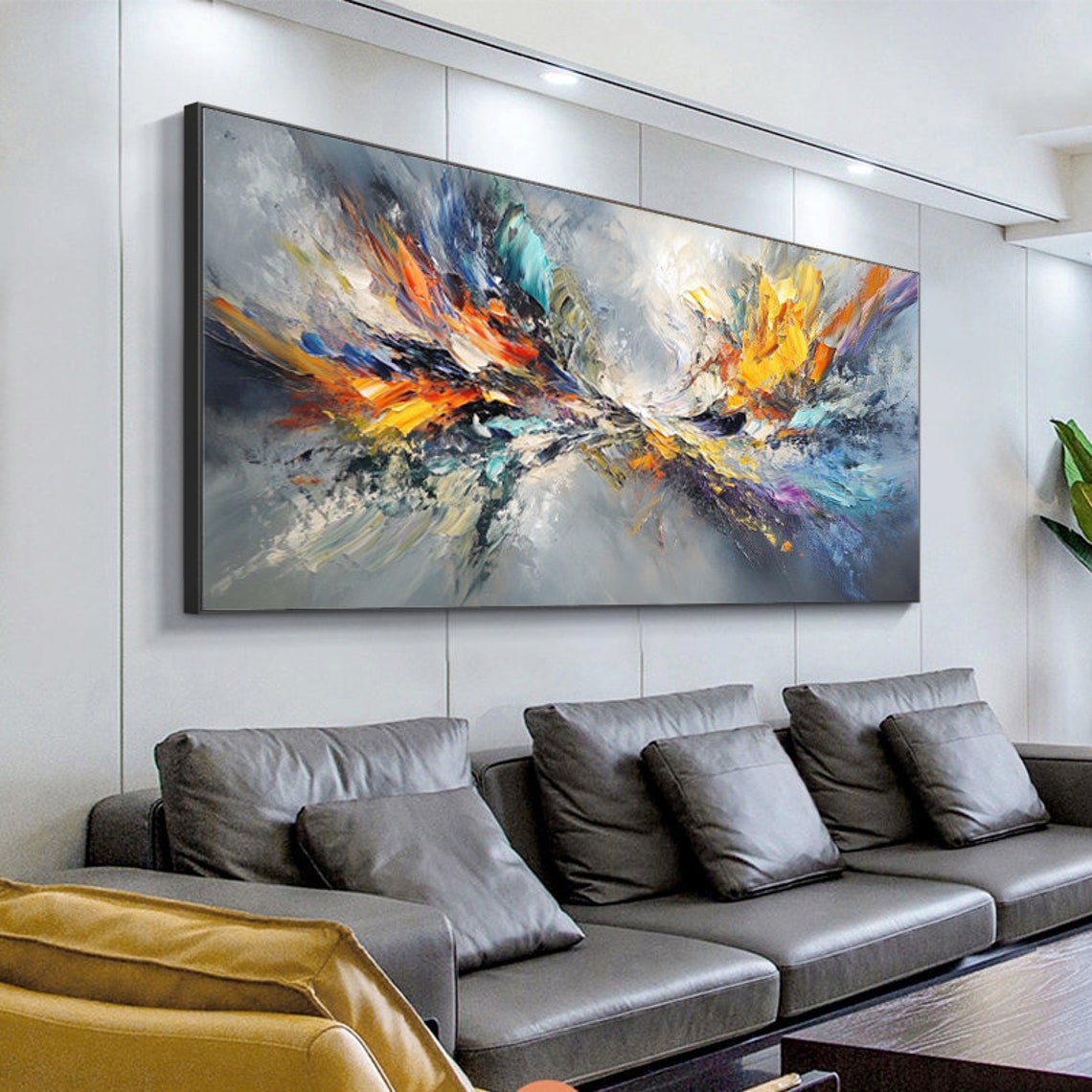 Soft Gray Abstract With Fiery Orange And Blue Brushstrokes Art Poster - Image 3