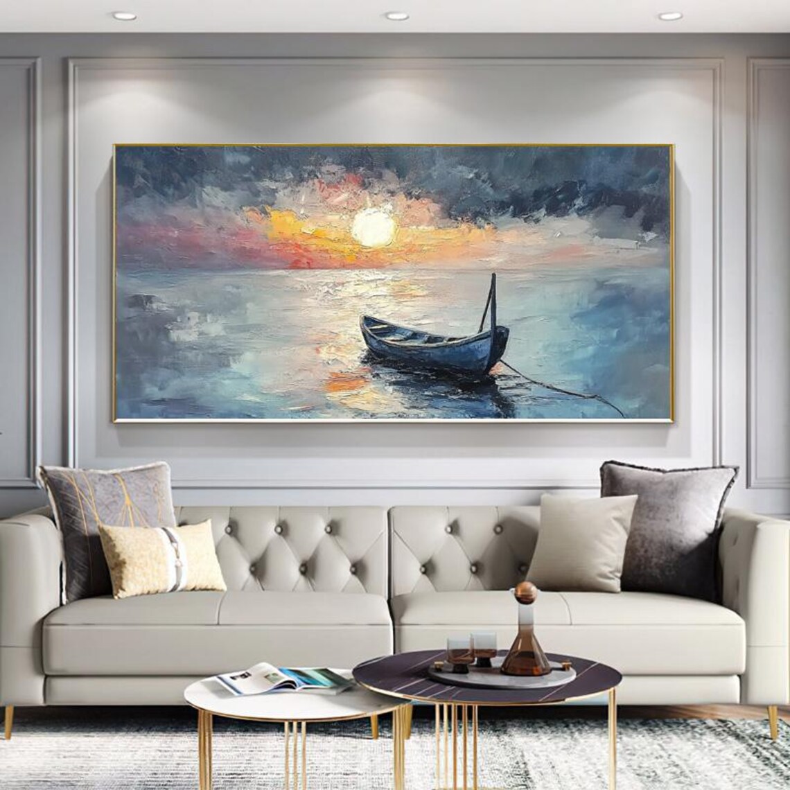 Lone Wooden Boat Drifting Under Moonlight On Calm Night Sea Art Poster - Image 4