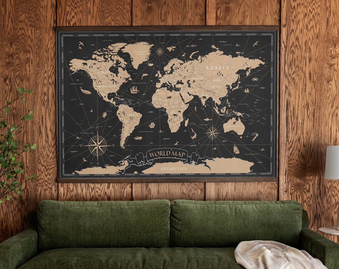 Black and Gold Vintage World Map With Compass Roses and Ships Poster