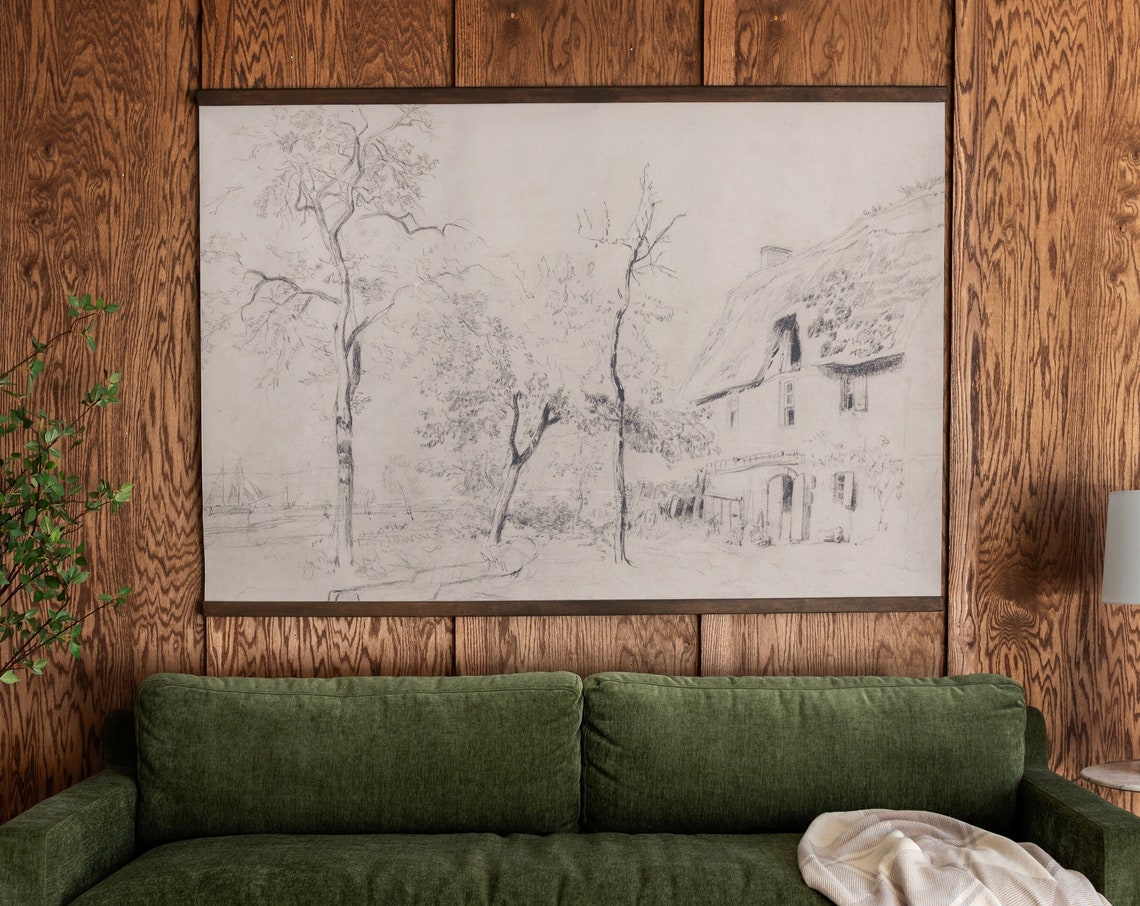 Vintage Cottage Pencil Sketch Rustic Countryside Drawing Wall Art