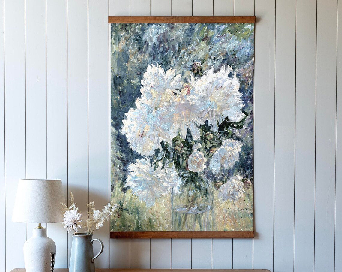 White Peonies Bouquet Floral Oil Painting Vintage Flower Poster - Image 3