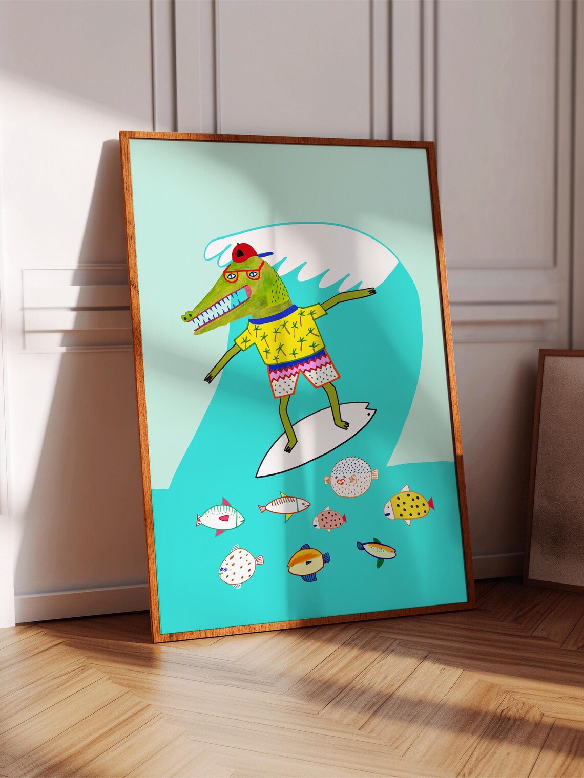 Crocodile Surfing Art Print, Kids Playroom Decor