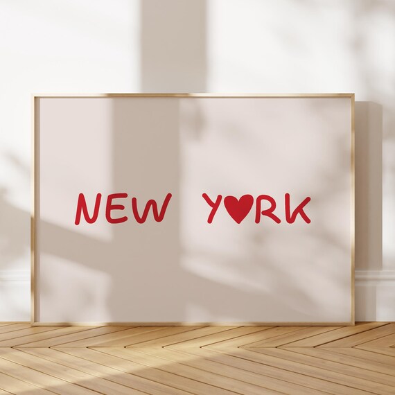 Red New York City Print Minimalist Heart Font Wallart Apartment Decor Horizontal