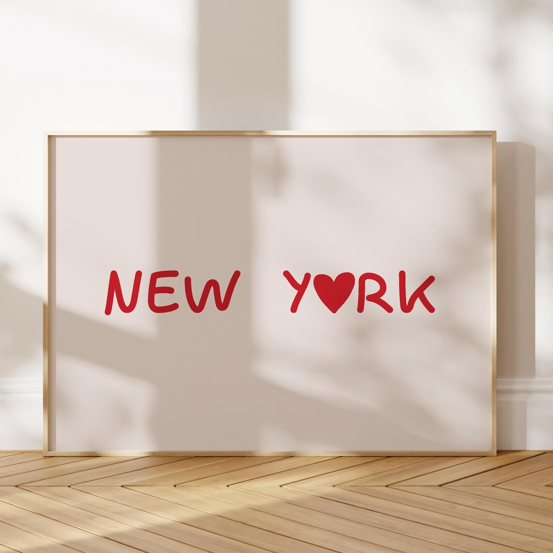 Red New York City Print Minimalist Heart Font Wallart Apartment Decor Horizontal