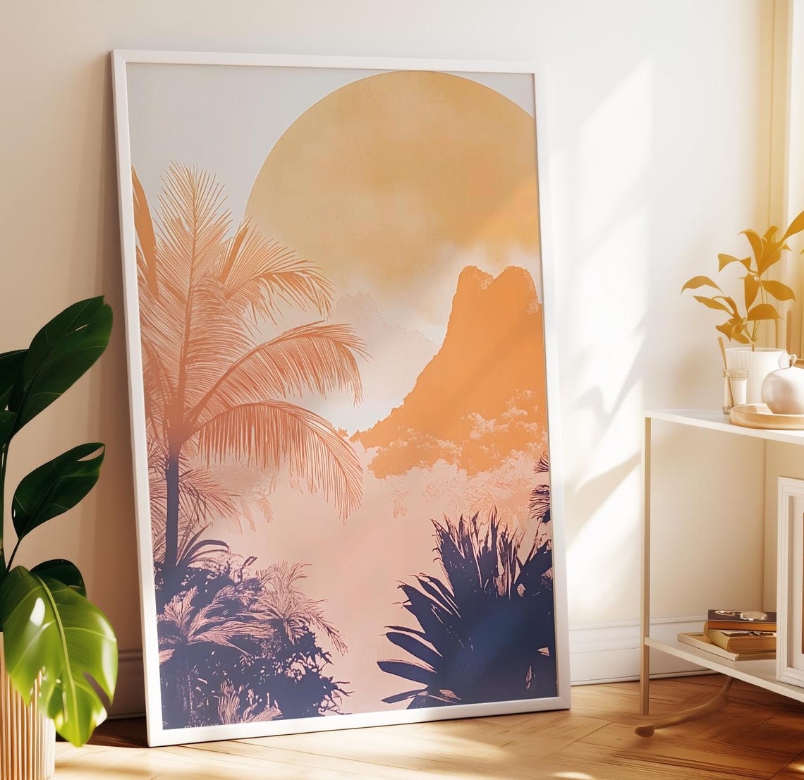 Tropical Sunset Palm Silhouette Misty Mountain Pastel Landscape Poster