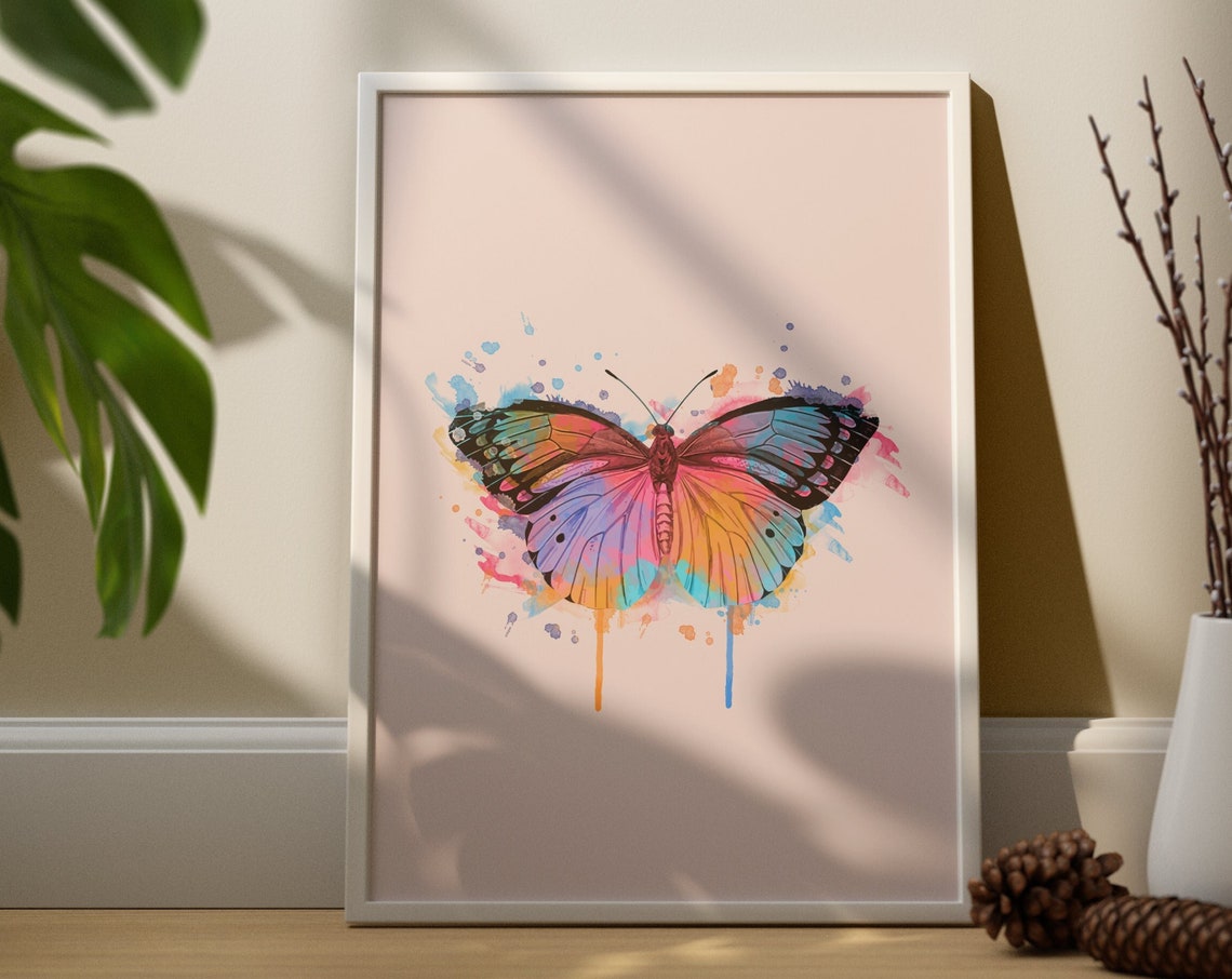 Rainbow Watercolor Butterfly Poster Pink Wall Decor Modern Insect Art - Image 3